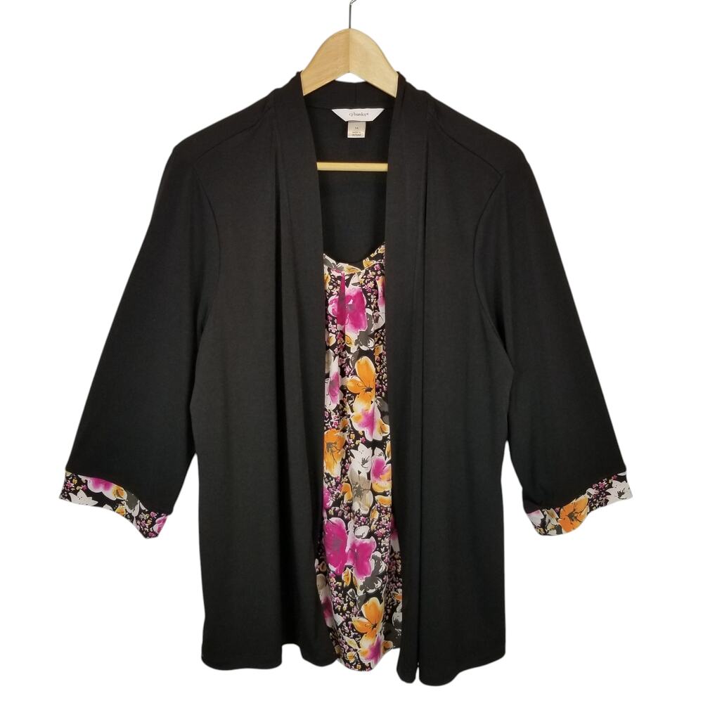 CJ Banks Womens One Piece 3/4 Sleeve Blouse with Attached Jacket Floral Black 1X